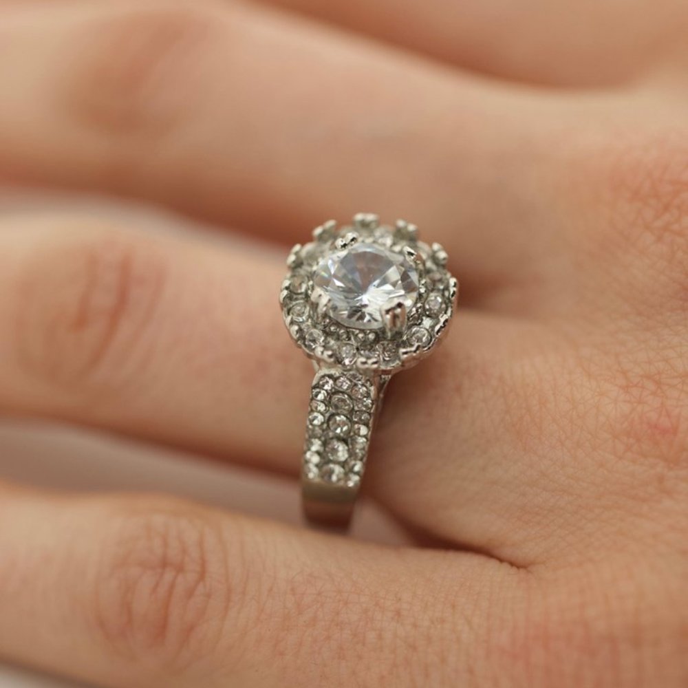925 14KT Gold Dipped White Topaz Halo Engagement - Picture 2 of 5